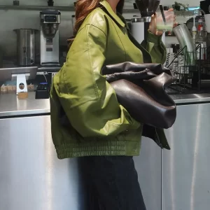 Fashion Green Leather PU Jacket Women Loose Laple Zipper Long Sleeve Single Breasted Pocket Coat 2025 Autumn New Lady Streetwear