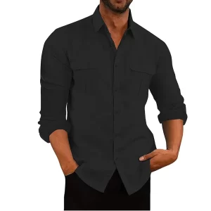 Men's Cotton Linen Double Pocket Long Sleeve Shirt Casual Breathable Shirt Lapel Solid Color Male Tops Autumn Versatile Blouses