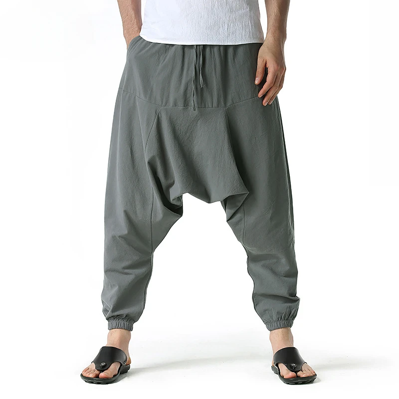Men Cotton and Linen Pants Harem Pants Baggy Casual Oversize Loose Joggers Wide Leg Pants Yoga Drop Crotch Trousers Hip Hop - Image 2