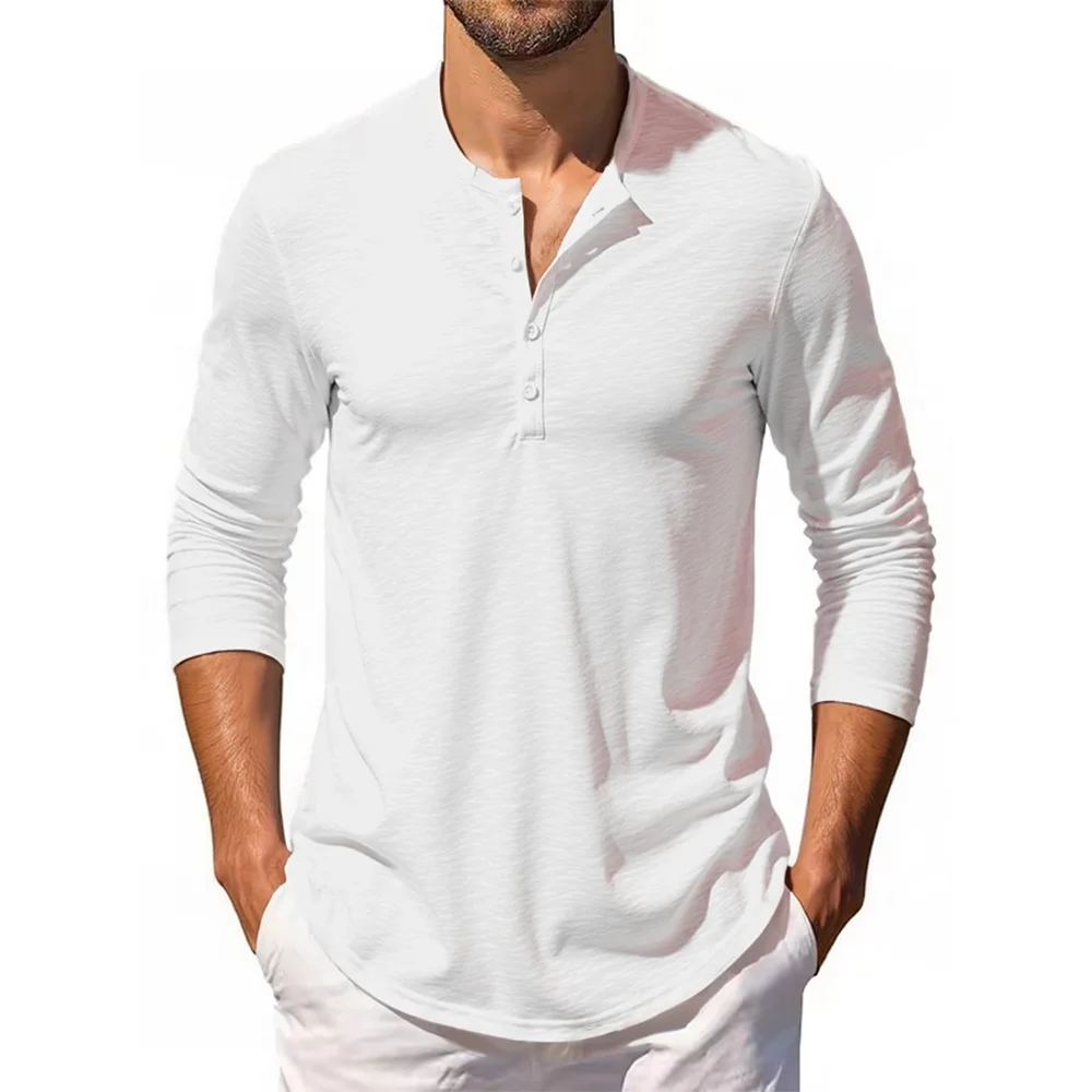 Men‘s Long Sleeve T-shirt Henley Collar Cotton Slim Fit Tops Casual Solid Color Breathable Button Tees Male Cozt T-shirt - Image 7
