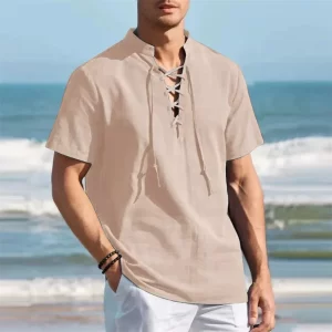 Summer Vintage Men's V-neck Shirt Drawstring Design Cotton Linen Breathable Stylish Casual Tops Solid Color Vacation Shirts