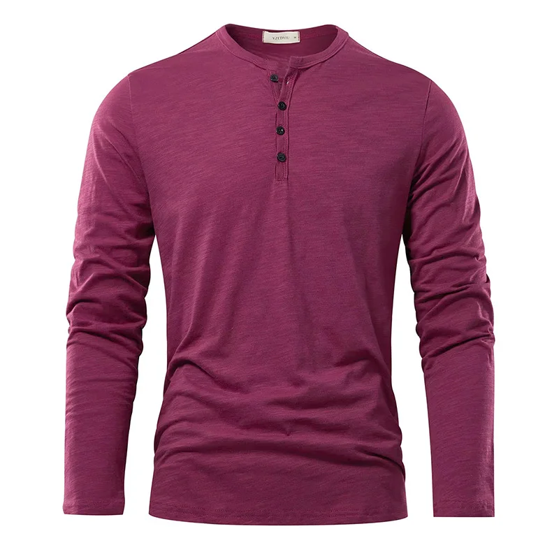 Men‘s Long Sleeve T-shirt Henley Collar Cotton Slim Fit Tops Casual Solid Color Breathable Button Tees Male Cozt T-shirt - Image 2