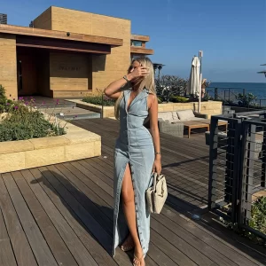 Summer Sexy Denim Long Dress Women Single Breasted Sleeveless Deep V-neck Lapel Split Casual Robe 2025 Fashion Street Clothing