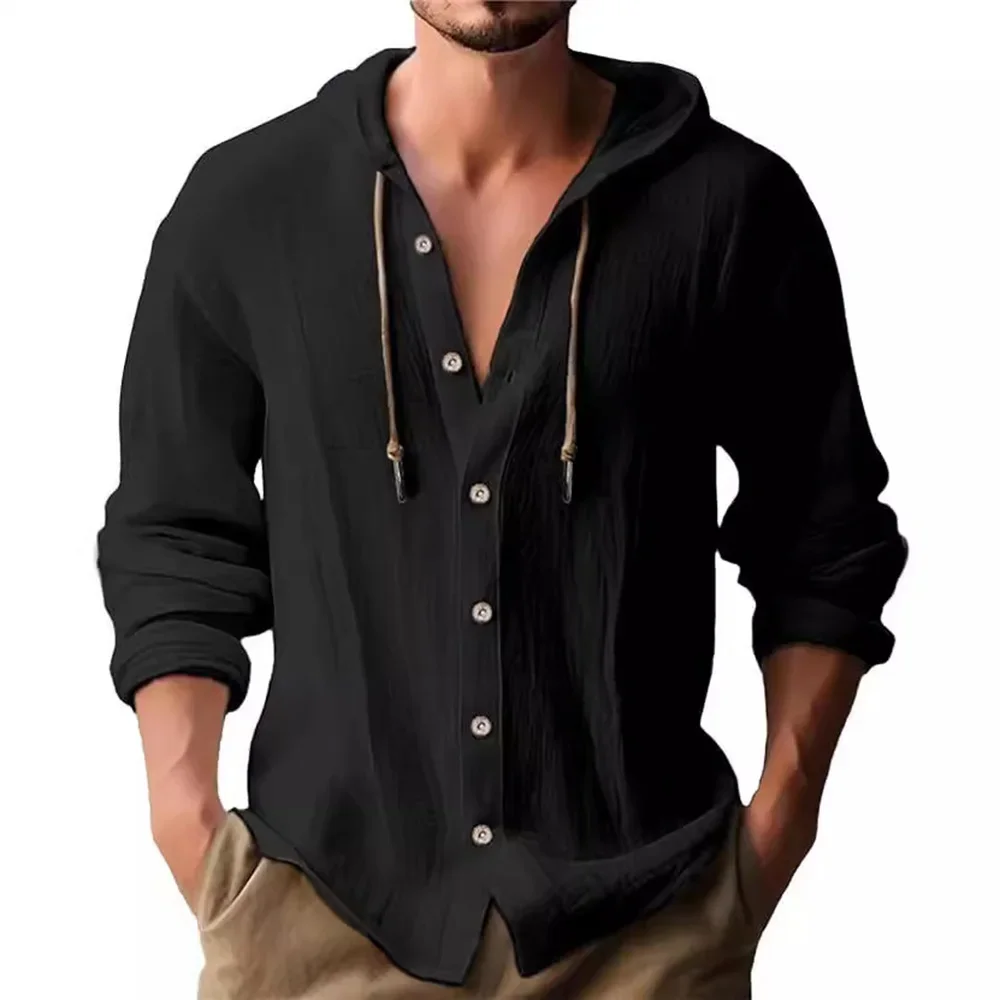 Men's Cotton Shirts Long Sleeve Hooded Cardigan T-shirt Men's Blouse Summer Autumn Sweatshirts Hawaiian Beach Shirts - Image 5