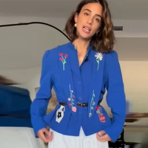 Fashion Blue Printed Short Jacket Women Casual Long Sleeve Single Breasted Slim Fit Coat 2025 Autumn Lady Office Commute Outwear