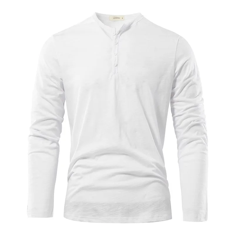 Men‘s Long Sleeve T-shirt Henley Collar Cotton Slim Fit Tops Casual Solid Color Breathable Button Tees Male Cozt T-shirt