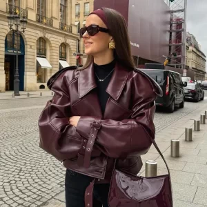 Retro Wine Red Short Leather Jacket Women's Casual Turn-down Collar Warm Slim Fit Coats 2025 Autumn Lady Street Party Outwears