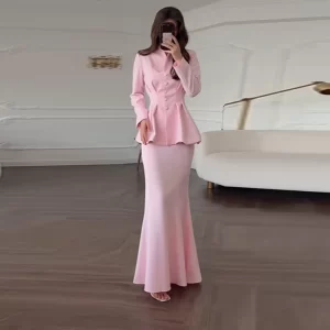 Elegant Single Breasted Shirt Long Skirt Set Women V-neck Long Sleeve Slim Fit Top Fishtail Skirts 2025 Autumn Commuter Outfit 