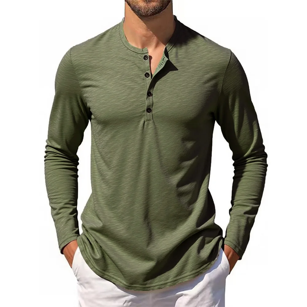 Men‘s Long Sleeve T-shirt Henley Collar Cotton Slim Fit Tops Casual Solid Color Breathable Button Tees Male Cozt T-shirt - Image 8