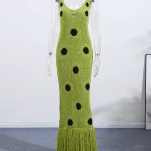 Sexy Black Polka Dot Knitted Dress Women See Through Hollow Out Sleeveless Maxi Dress 2025 New Lady Party Dress