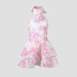 Sweet Printed Women Short Dresses Fashion Sleeveless Lace-up Ruffled Hem Puffy A Line Dresses 2025 Summer Women Date Party
