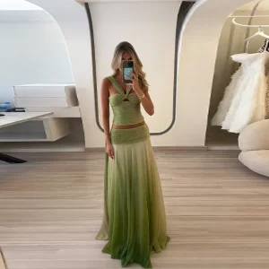 Summer Sexy Beach Gradient Skirts Women's Set 2 Pieces Sleeveless Backless Lace Up Top 2025 New Elegant Lady Party Suits
