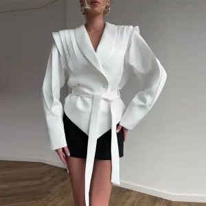 Chic Elegant Pleated Belt Jacket Women Solid Patchwork Long Sleeve Single Breasted V-neck Outwear 2025 NEW Autumn Lady Blazer