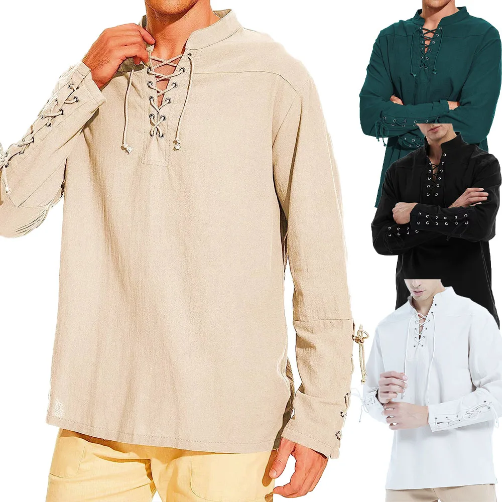 Cotton Linen Shirts for Men Medieval Costume Beach Tops Shirt Pull on Male Loose Casual Streetwear Cosplay Long Sleeve - Image 5