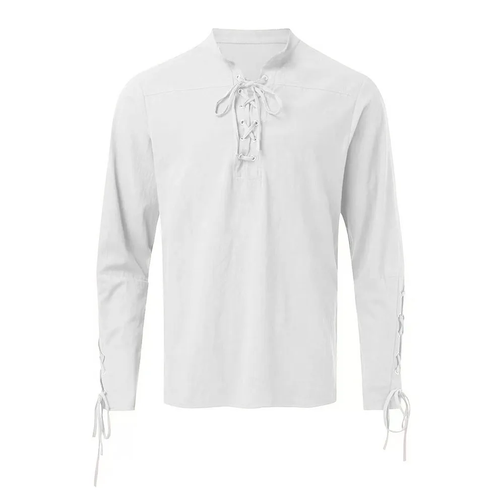Cotton Linen Shirts for Men Medieval Costume Beach Tops Shirt Pull on Male Loose Casual Streetwear Cosplay Long Sleeve - Image 7