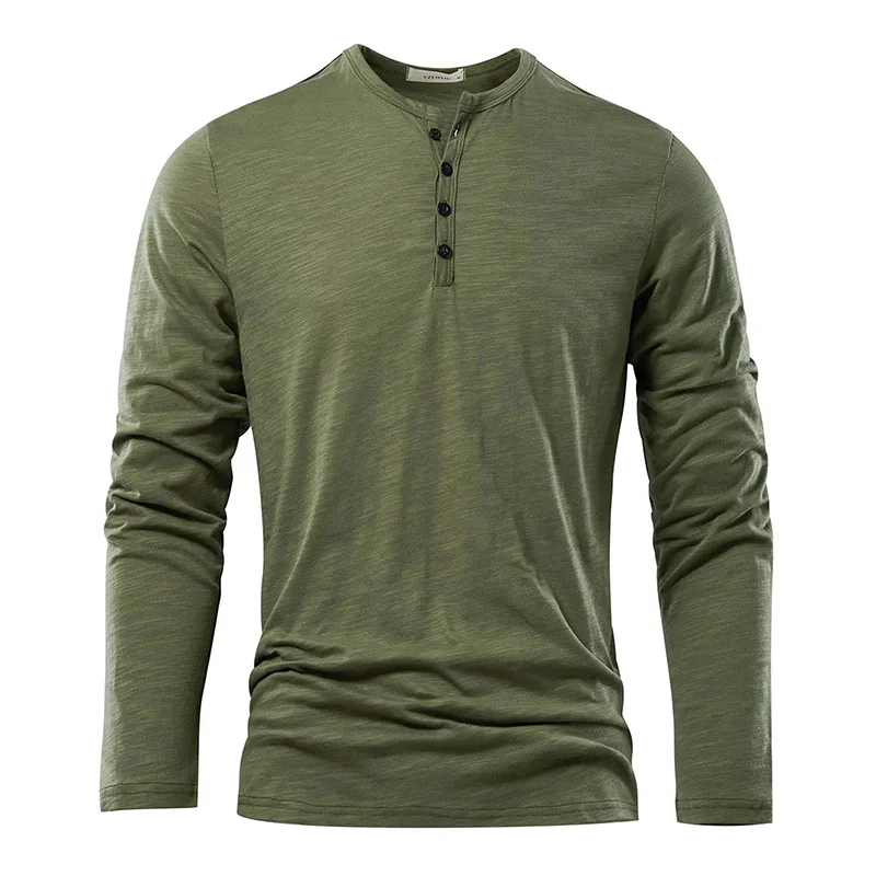 Men‘s Long Sleeve T-shirt Henley Collar Cotton Slim Fit Tops Casual Solid Color Breathable Button Tees Male Cozt T-shirt - Image 5