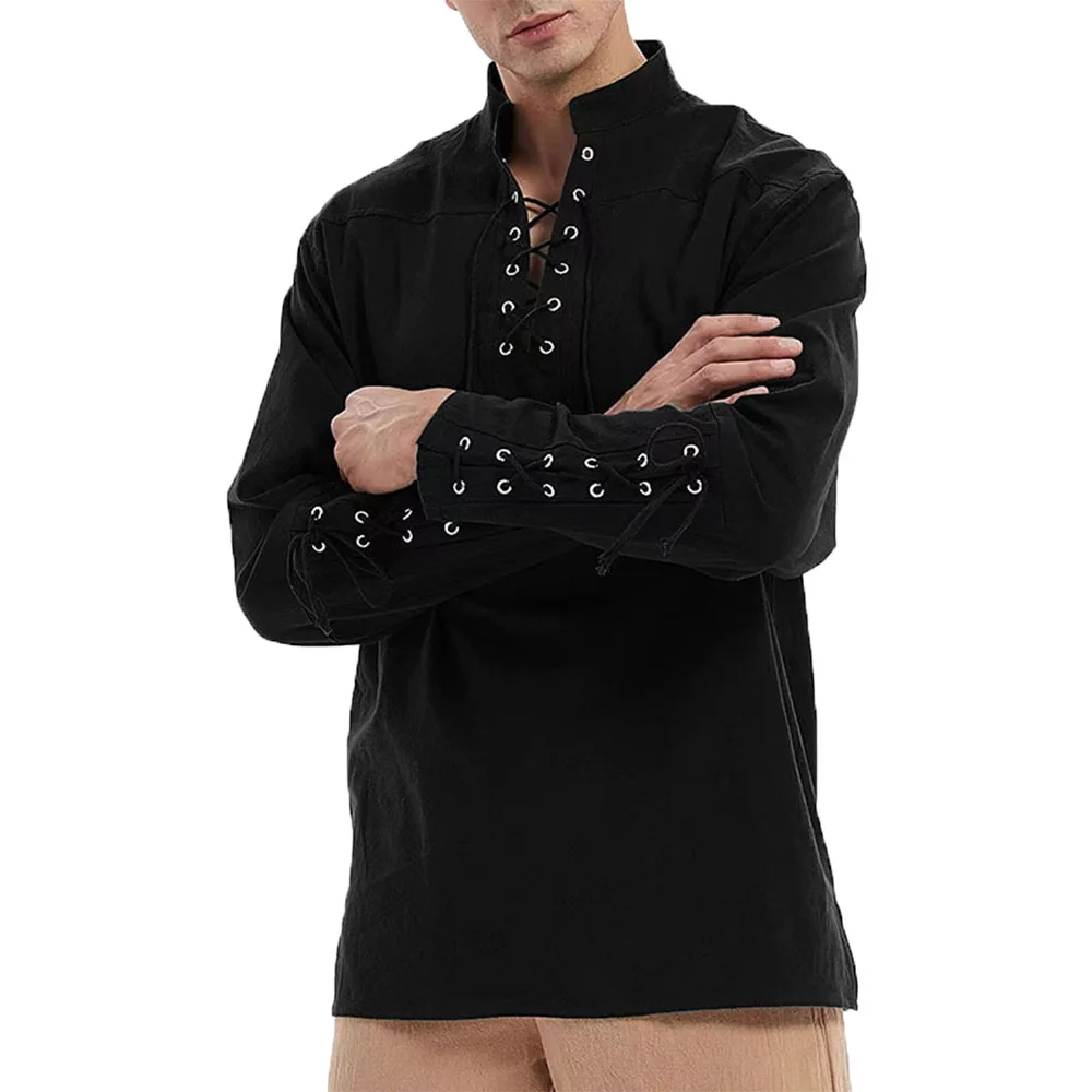 Cotton Linen Shirts for Men Medieval Costume Beach Tops Shirt Pull on Male Loose Casual Streetwear Cosplay Long Sleeve - Image 2
