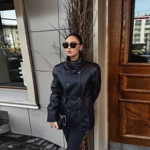 Vintage Black Faux Leather Jackets Women Casual Double Breasted Stand Collar Slim Coats 2025 Autumn Lady High Street Outfits