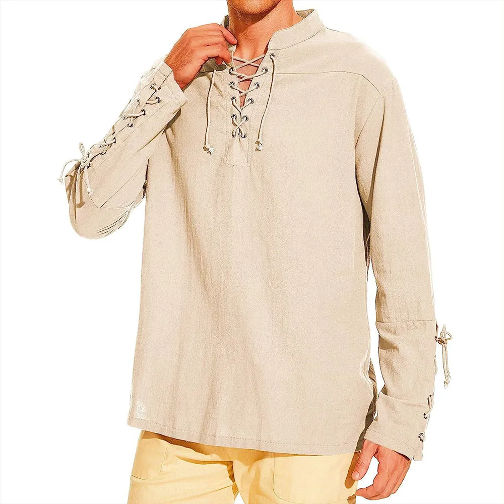 Cotton Linen Shirts for Men Medieval Costume Beach Tops Shirt Pull on Male Loose Casual Streetwear Cosplay Long Sleeve - Image 4