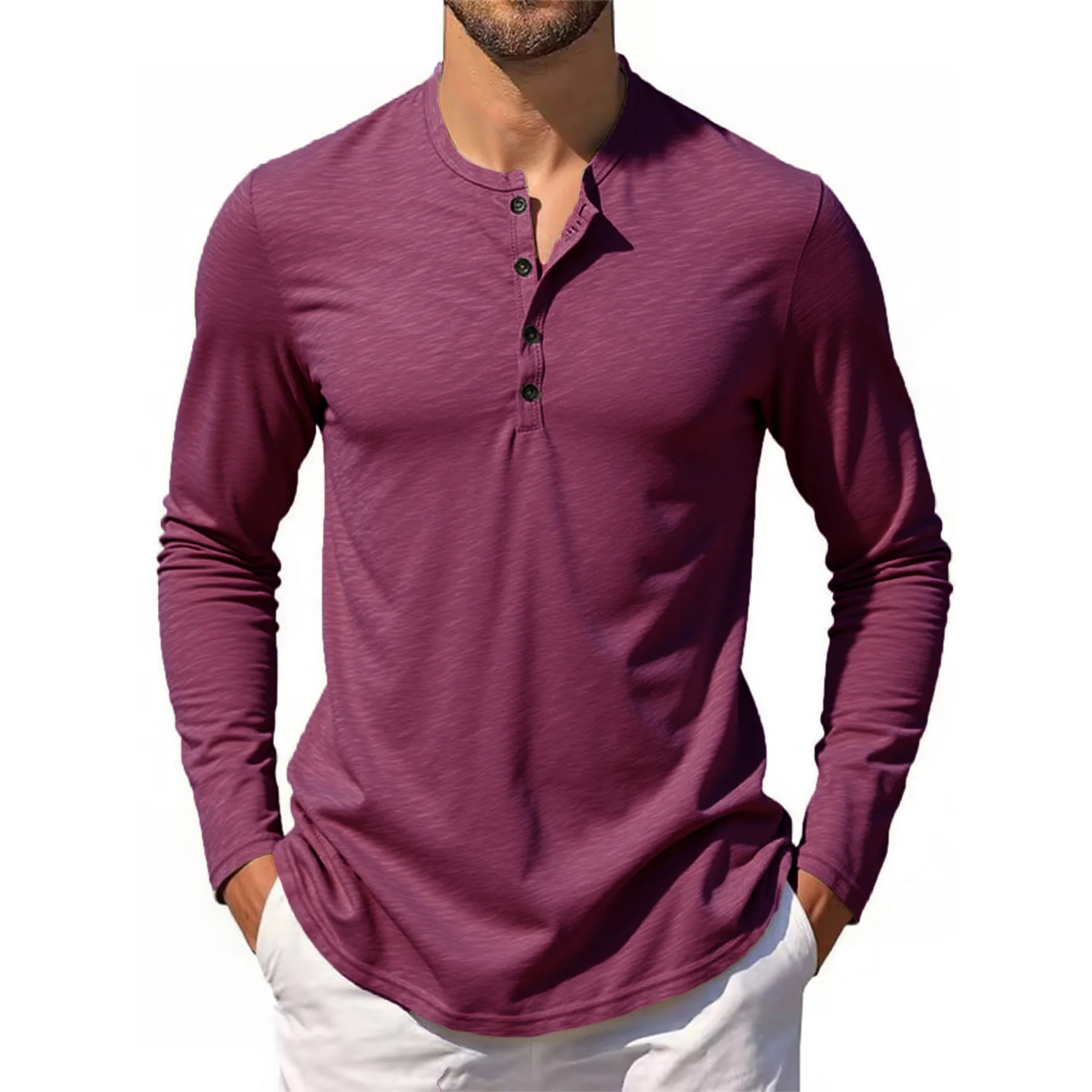 Men‘s Long Sleeve T-shirt Henley Collar Cotton Slim Fit Tops Casual Solid Color Breathable Button Tees Male Cozt T-shirt - Image 9