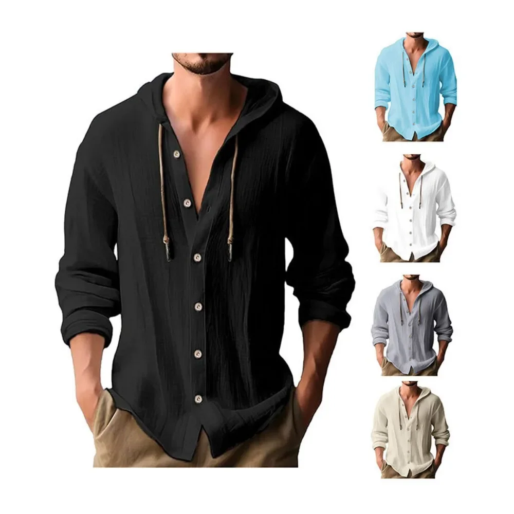 Men's Cotton Shirts Long Sleeve Hooded Cardigan T-shirt Men's Blouse Summer Autumn Sweatshirts Hawaiian Beach Shirts - Image 8