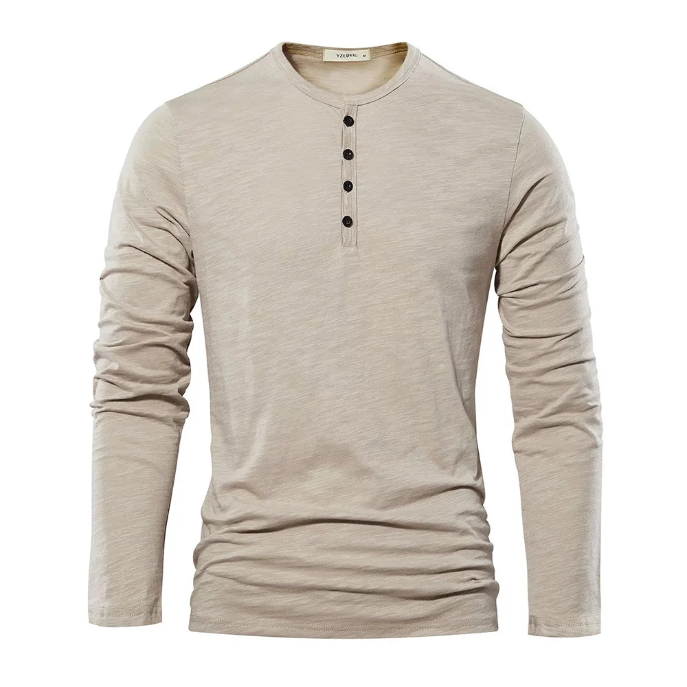 Men‘s Long Sleeve T-shirt Henley Collar Cotton Slim Fit Tops Casual Solid Color Breathable Button Tees Male Cozt T-shirt - Image 3