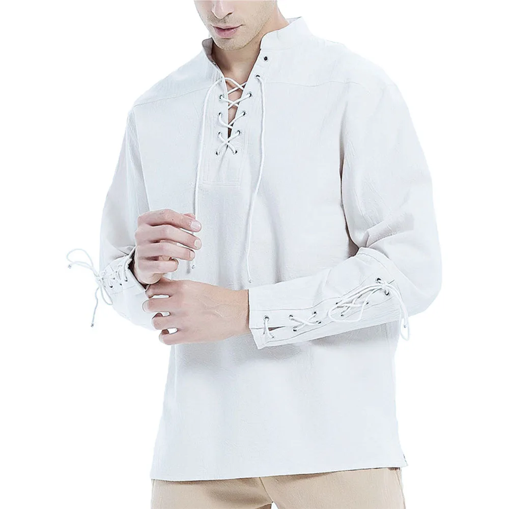 Cotton Linen Shirts for Men Medieval Costume Beach Tops Shirt Pull on Male Loose Casual Streetwear Cosplay Long Sleeve - Image 3