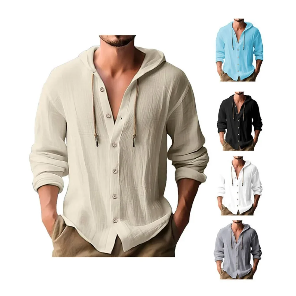 Men's Cotton Shirts Long Sleeve Hooded Cardigan T-shirt Men's Blouse Summer Autumn Sweatshirts Hawaiian Beach Shirts - Image 6
