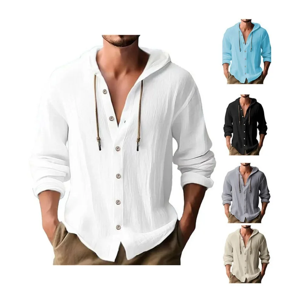 Men's Cotton Shirts Long Sleeve Hooded Cardigan T-shirt Men's Blouse Summer Autumn Sweatshirts Hawaiian Beach Shirts - Image 10