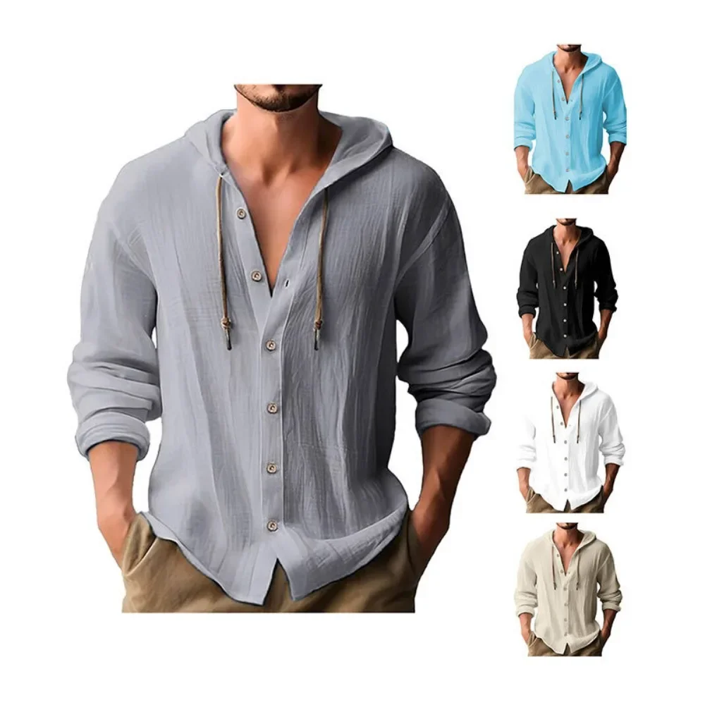 Men's Cotton Shirts Long Sleeve Hooded Cardigan T-shirt Men's Blouse Summer Autumn Sweatshirts Hawaiian Beach Shirts - Image 7
