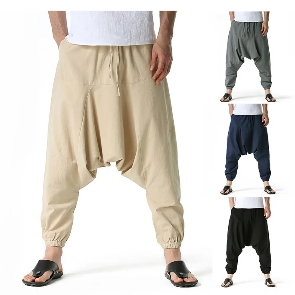 Men Cotton and Linen Pants Harem Pants Baggy Casual Oversize Loose Joggers Wide Leg Pants Yoga Drop Crotch Trousers Hip Hop - Image 4