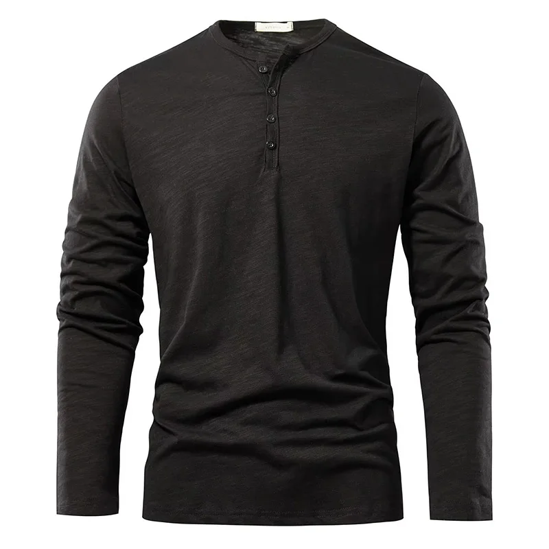 Men‘s Long Sleeve T-shirt Henley Collar Cotton Slim Fit Tops Casual Solid Color Breathable Button Tees Male Cozt T-shirt - Image 4