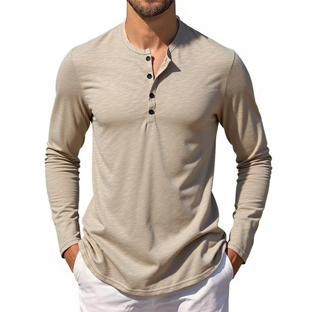 Men‘s Long Sleeve T-shirt Henley Collar Cotton Slim Fit Tops Casual Solid Color Breathable Button Tees Male Cozt T-shirt - Image 6