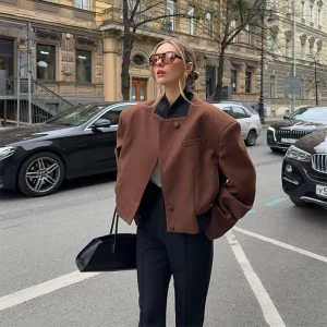 Retro Brown Single breasted Short Jackets Women Casual Pad Shoulder Coats 2025 Chic Lady High Street Daily Commute Outwear 