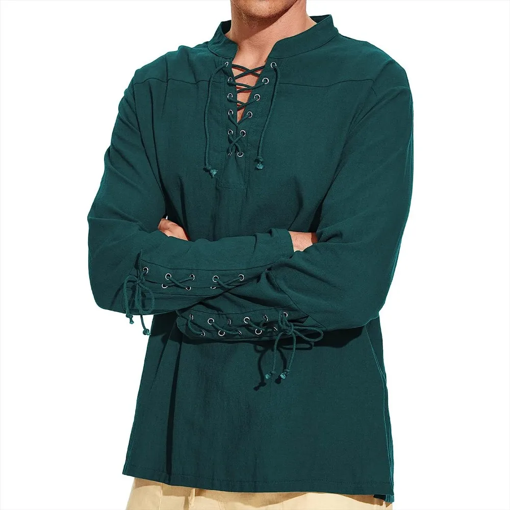 Cotton Linen Shirts for Men Medieval Costume Beach Tops Shirt Pull on Male Loose Casual Streetwear Cosplay Long Sleeve - Image 6