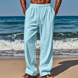 2024 new cotton and linen loose men's large size loose solid color casual lace-up trousers