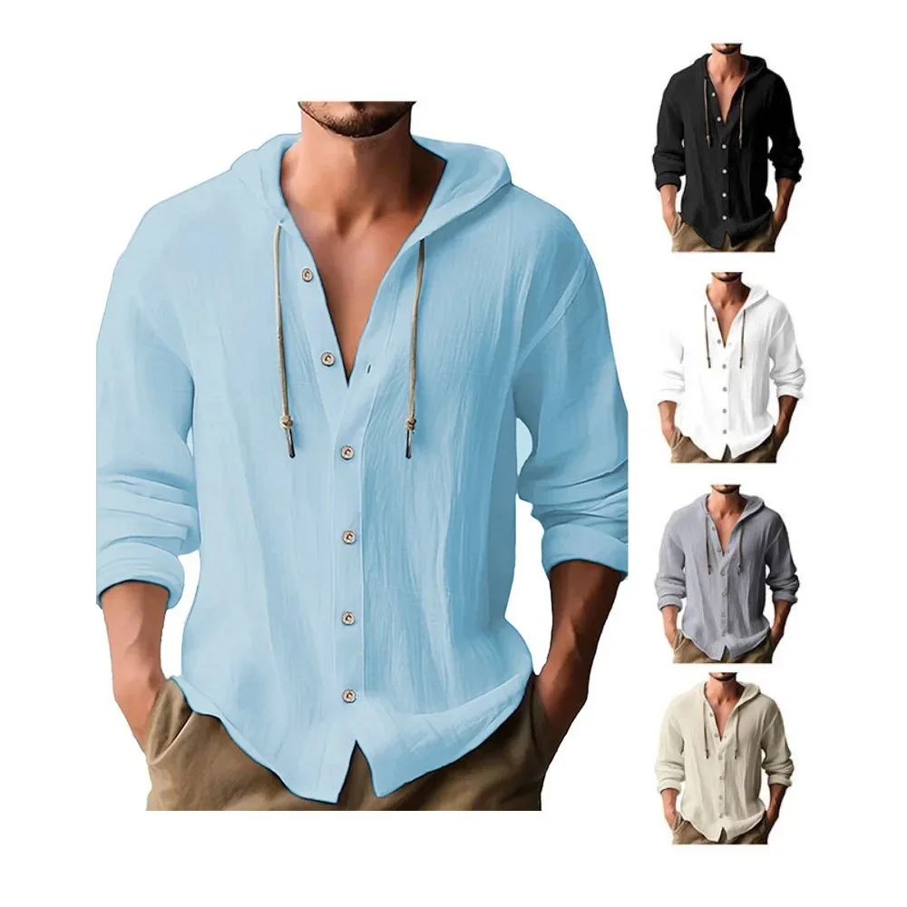 Men's Cotton Shirts Long Sleeve Hooded Cardigan T-shirt Men's Blouse Summer Autumn Sweatshirts Hawaiian Beach Shirts - Image 9