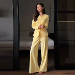 Elegant Solid Single Breasted Blazer Jackets Suit Women O-neck Long Sleeve Pocket Straight Pants Set 2025 Daily Commute Outwear
