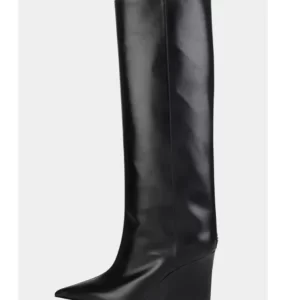 2022 New Winter Rhinestone Leather Women's Boots 11cm Wedge Heel/Tapered Heel Glittering Knee Length Boots Fashion Show Shoes