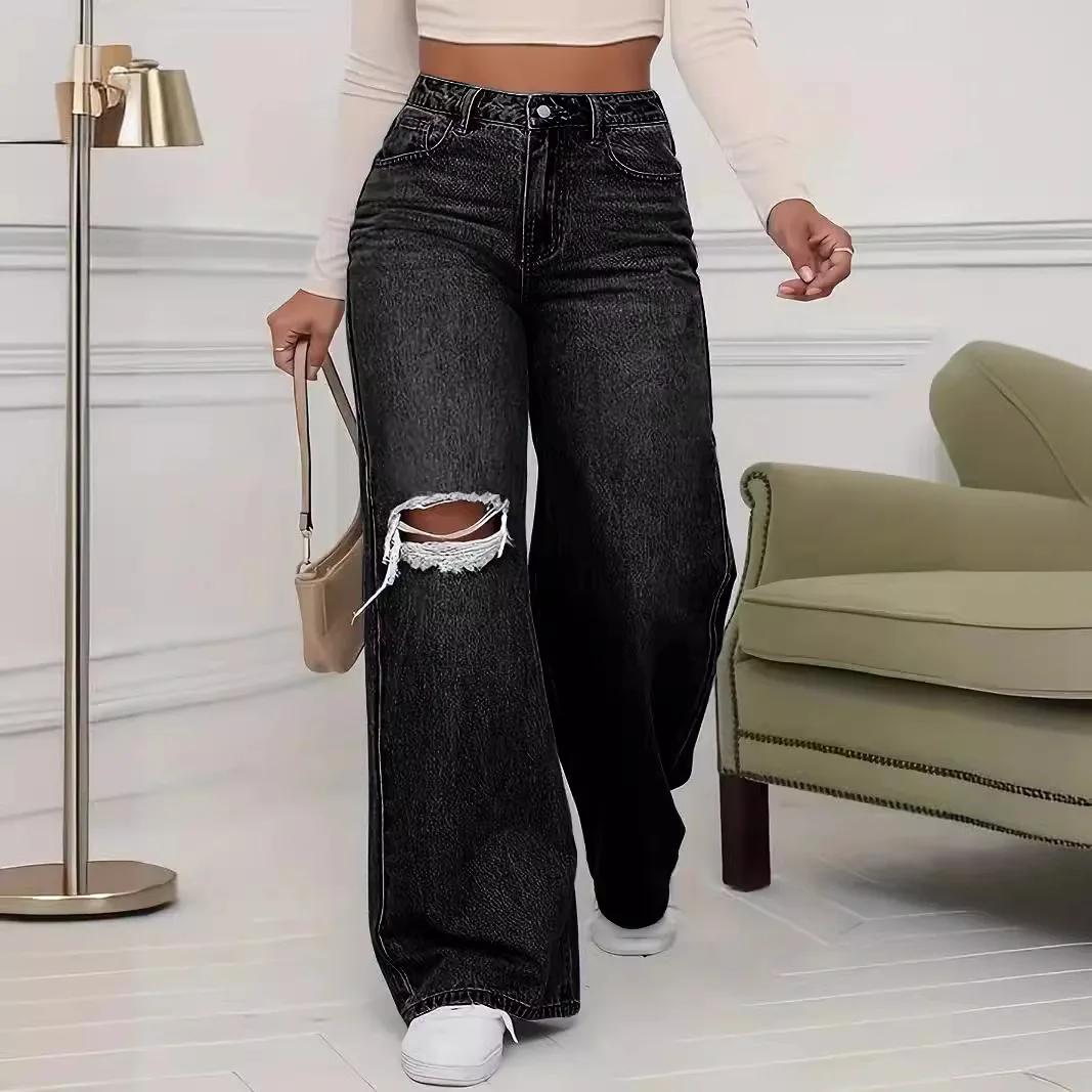 Washed Personality Hole Loose High Waist Denim Wide-leg Pants,Women's Four Seasons New Classic Fashion Casual Floor-length Jeans - Image 6