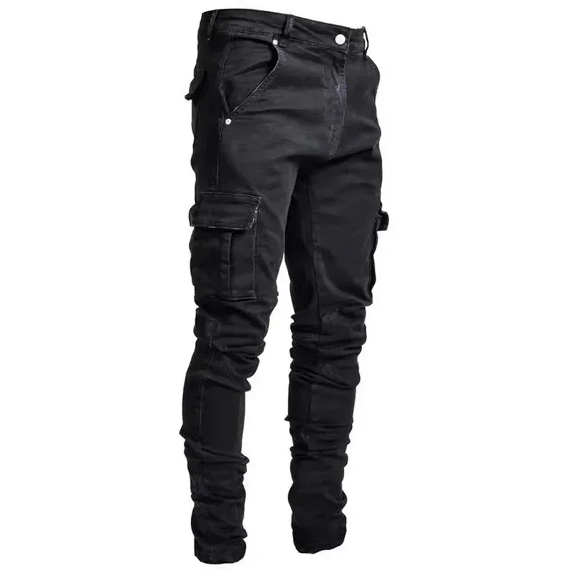 Men Street Elastic Denim Jeans Wash Solid Color Multi Pockets Cargo Pants Casual Slim Fit Daily Wear Joggers Mid Waist Trousers - Image 2