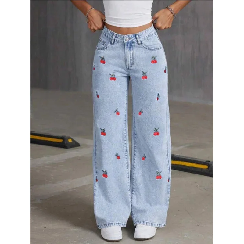 Women Jeans Embroidery High Waist Distressed Washed Pockets Vintage Floor Length Trousers 2025 Denim Wide Leg Pants Streetwear - Image 7