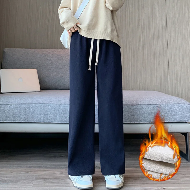 Winter Women Fleece Wide Leg Long Pants Thicken Warm Winter Stright Long Elastic Waist Trousers Casual Loose Female Botton Pants - Image 5