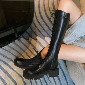 Fashionable Height Increasing Lace Up High Boots for Autumn/winter New Round Toe Thick Soled Comfortable Long Boots for Women