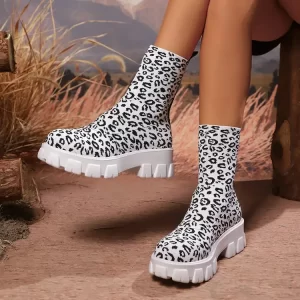 Leopard Print Women's Sock Boots 2025 New Knitted Elastic Fabric Ankle Boots Fashionable Plus Size Short Tube Women's Boots 43