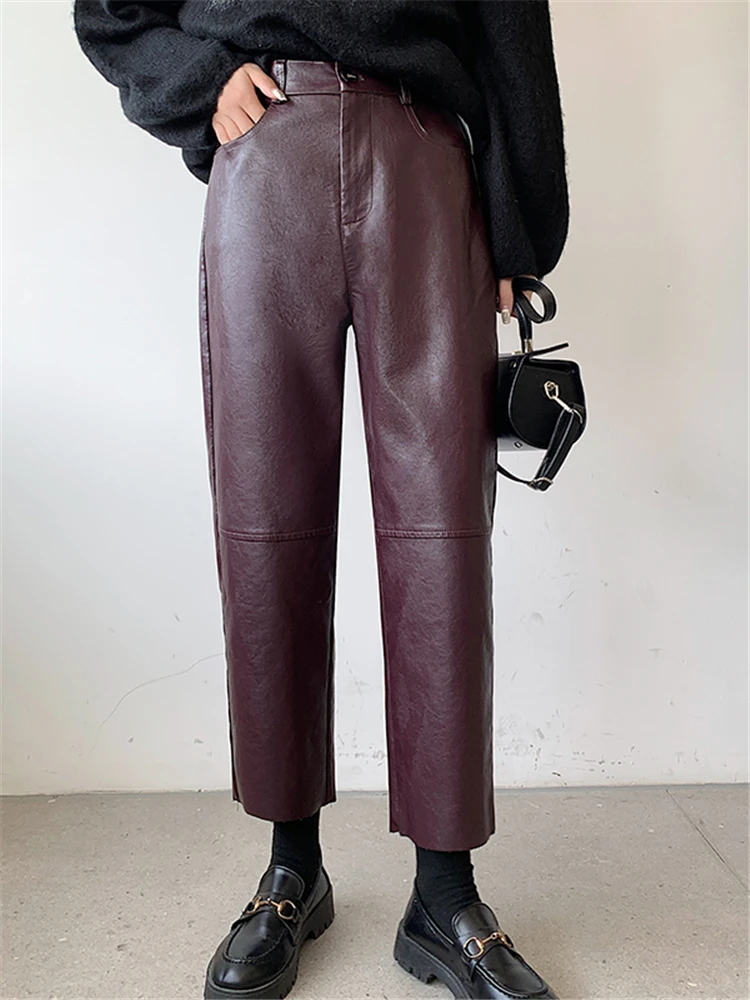 Seoulish Autumn Winter PU Faux Leather Women's Wide Leg Pants High Waist Female Casual Loose Ankle Length Trousers 2023 New - Image 2