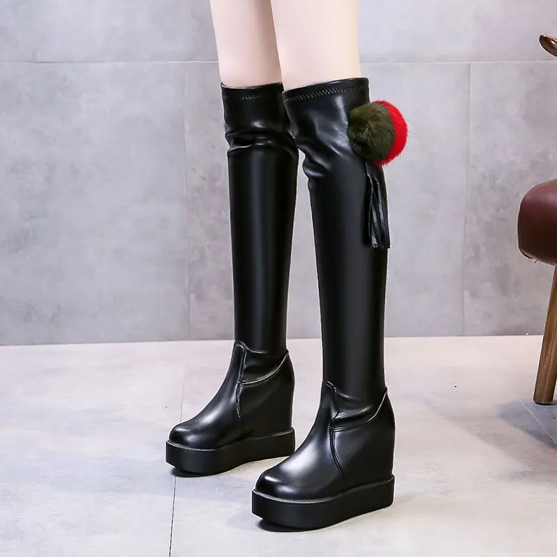 Knee Thigh High New In Women's Boots Genuine Leather Fur Long Shoes for Women Winter 2025 Wedges Chunky Platform Heeled Black - Image 4