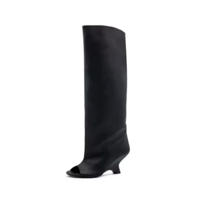 2025 High-quality Peep Toe Women's Knee High Boots Round Toe Wedges Suede Woman Long Boots Party Wedding Versatile Female Shoes - Image 3