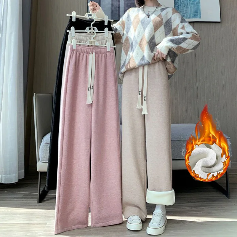 Winter Lady High Waisted Fleece Pants Girls Warm Thermal Straight Leg Trousers Female Classic Solid Drawstring Pants - Image 4