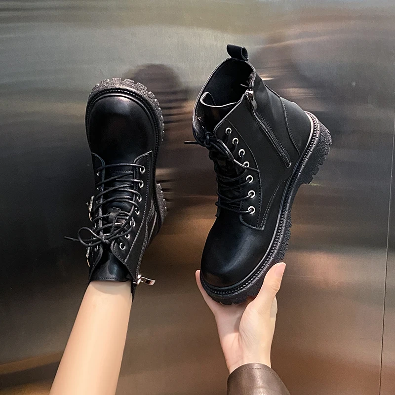 New Round Toe Fashionable Side Zipper Motorcycle Shoes Solid Color Elegant Warm Casual Lace-up Non-slip Women's Boots - Image 7